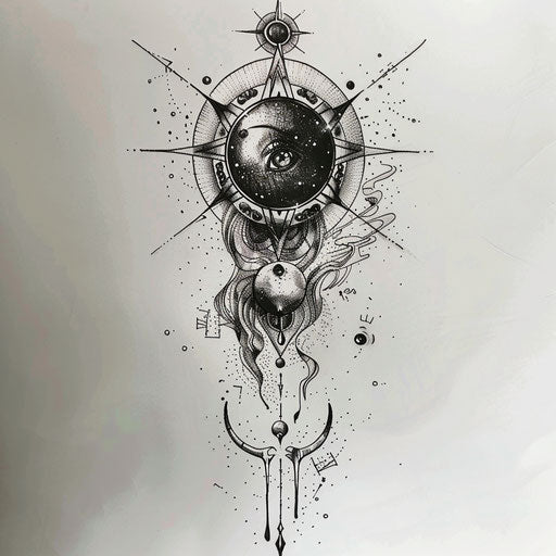 Flat tattoo sketch of a black pearl with a shimmering aura and mystic symbols