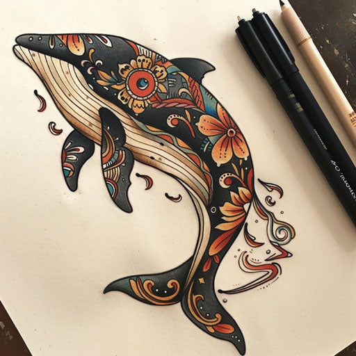 Whale tattoo sketch inspired by folk art, traditional motifs earthy colors