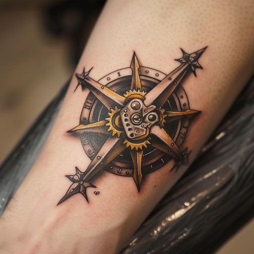 Nautical star tattoo in clockwork design with bronze and gold