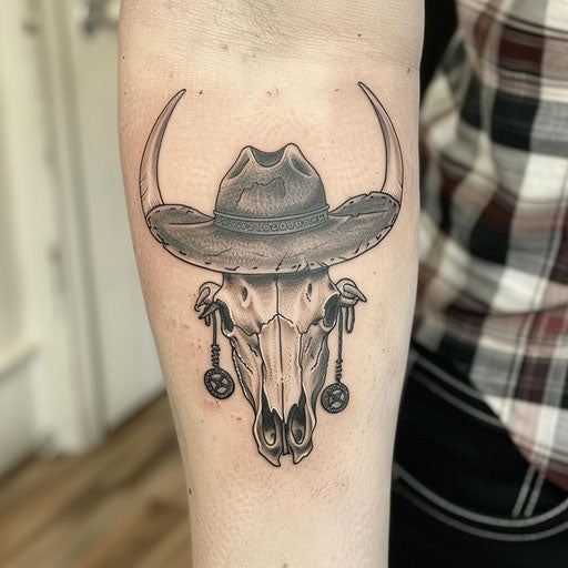 Bull skull tattoo with western theme