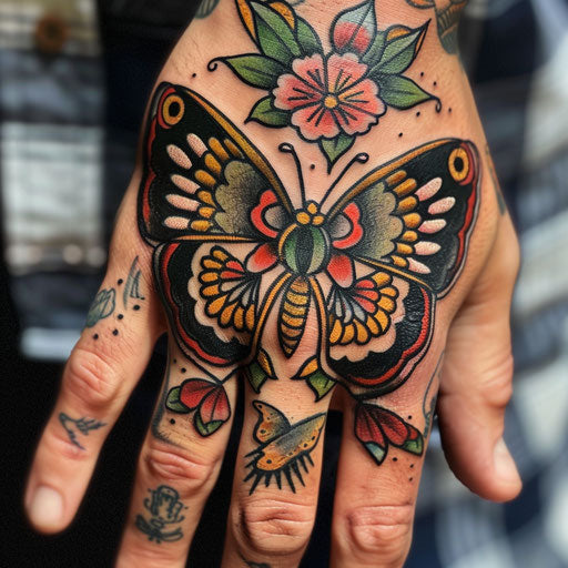 Butterfly hand tattoo with cartoonish flair Steve Sack style