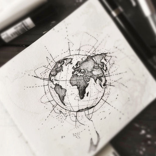 Monochrome black and white flat tattoo sketch of Earth with details