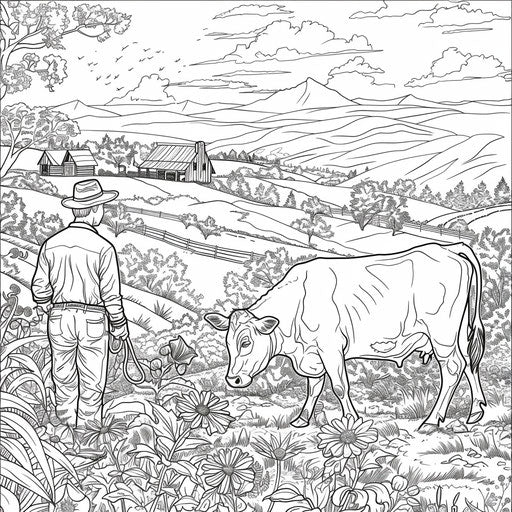 Cow and farmer in a pastoral scene. Coloring book page
