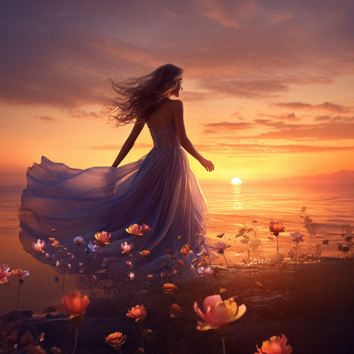 Sunset with girl and flower, whimsical dreamscapes