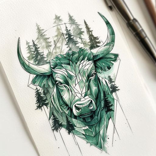 Flat tattoo sketch of Taurus zodiac sign, bull in forest with green tones and tranquil design