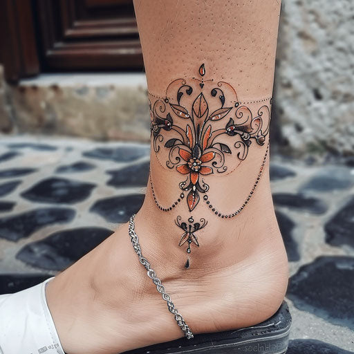 Stylized tattoo sketch of an ankle bracelet with Art Nouveau floral motifs