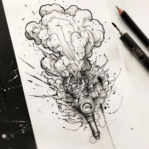 Dynamic tattoo sketch of a piston bursting in a cloud of smoke