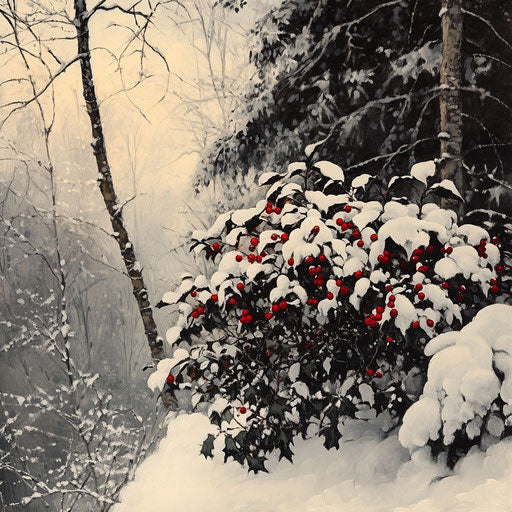 Snowy scene with a holly bush as the focal point
