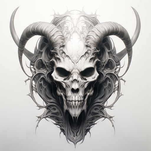 Elven skull with thick horns, demonic photo style