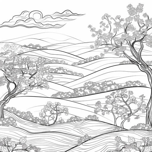 Rolling hills landscape with blooming trees and clear sky