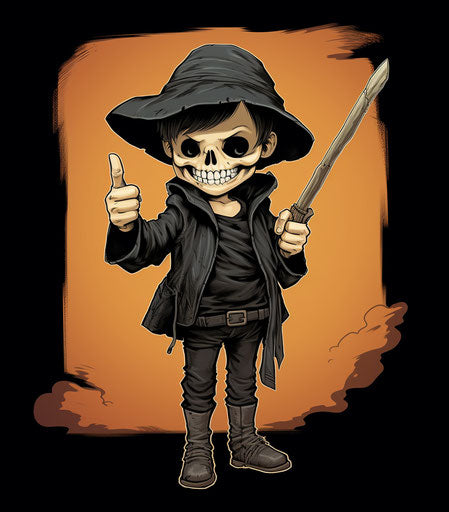 Boy in black shirt with a scythe giving a thumbs up