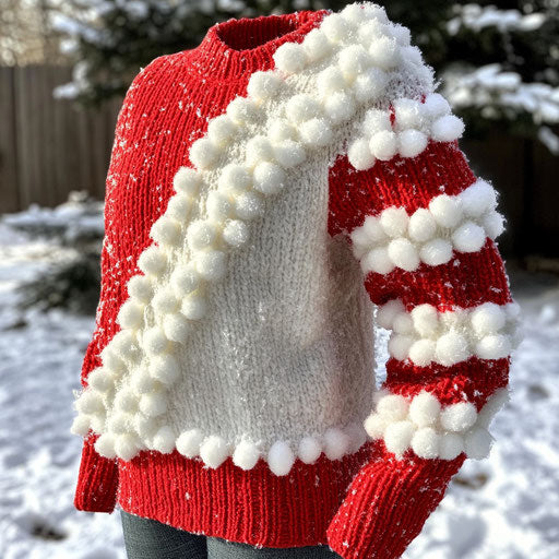 Mismatched sweater with candy cane and fluffy snowball sleeves