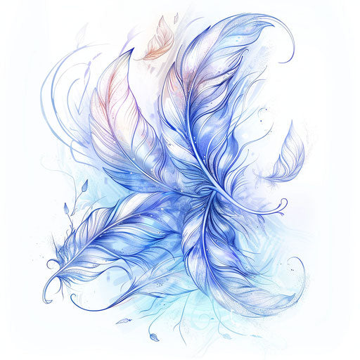 Dreamy clipart-style flat tattoo sketch for a girly tattoo with floating feathers and subtle blue hues