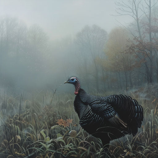 Wild turkey in a misty morning landscape