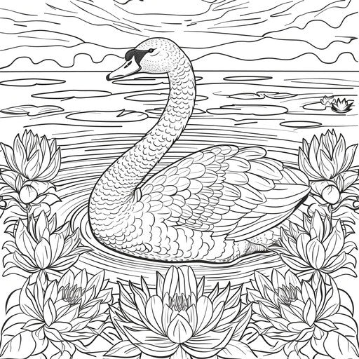A serene swan floating on a lake with water lilies