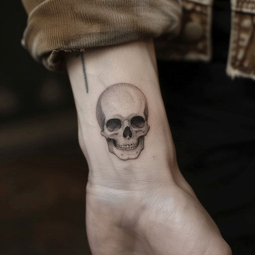 Small skull wrist tattoos, in the style of Gerald Brom