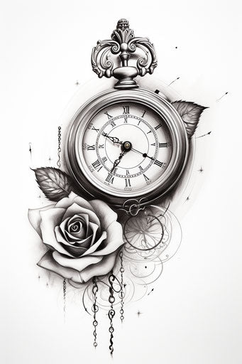A rose and a pocket watch surrounded by feathers on black paper