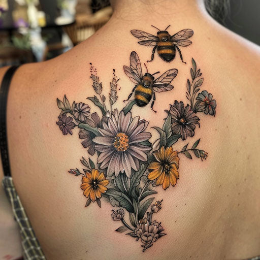 Wildflower tattoo with bees, detailed flowers, real bees