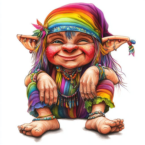 Humorous caricature of a boho rainbow caricature clipart with human characteristics, exaggerated rosy cheeks, big feet, tiny, vibrant colors, cartoon style, angry, high-resolution, no background, isolated