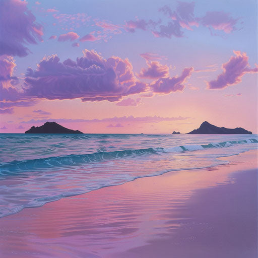 Lanikai Beach, Hawaii at dusk with pink and purple sky