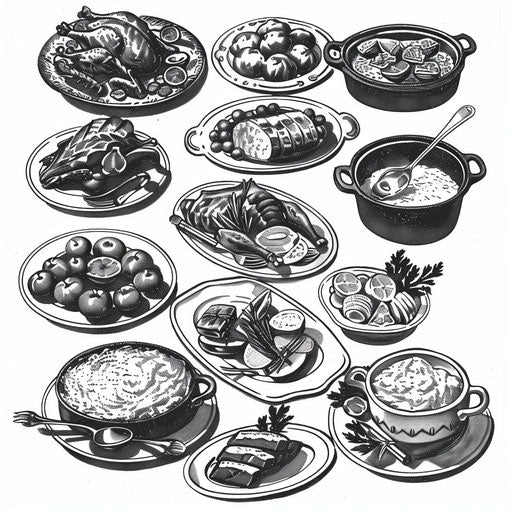 Vintage-inspired potluck clipart, classic dishes in black and white