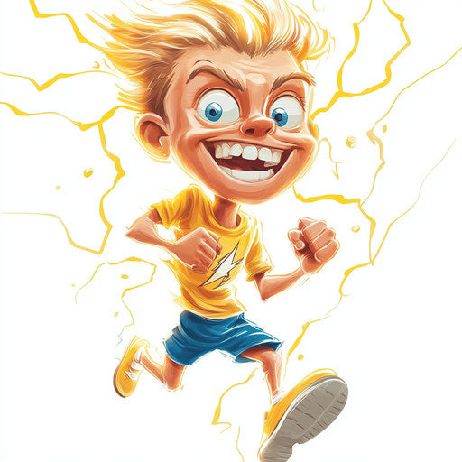 Humorous caricature of a lightning caricature clipart with human characteristics, exaggerated prominent chin, short legs, running, vibrant colors, cartoon style, smiling, high-resolution, no background, isolated -c 40