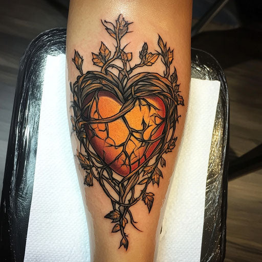 Mom heart tattoo with a heart wrapped in vines and thorns