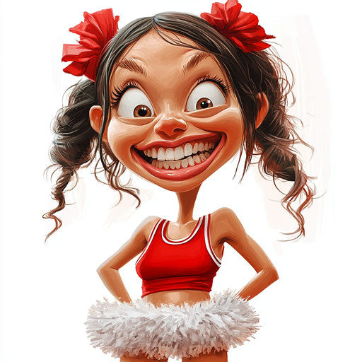 Humorous caricature of a cheerleader with toothy teeth