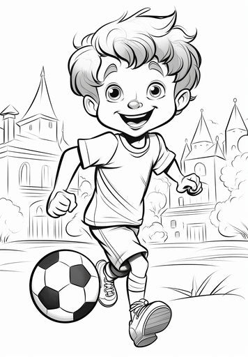 Happy kid with soccer ball coloring page