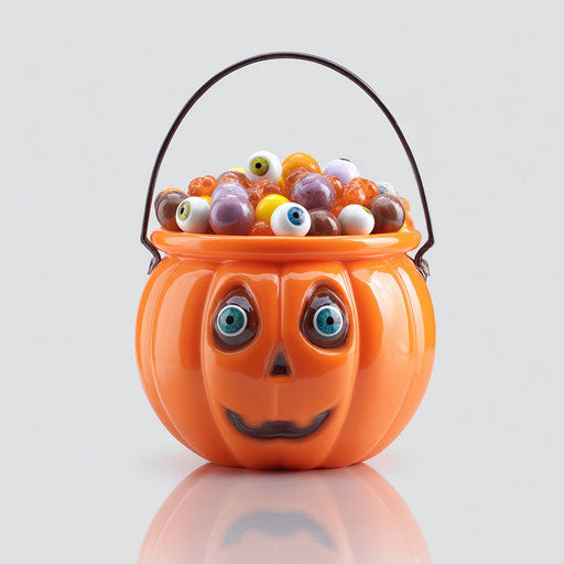 A Halloween pumpkin bucket filled with eyeball candies
