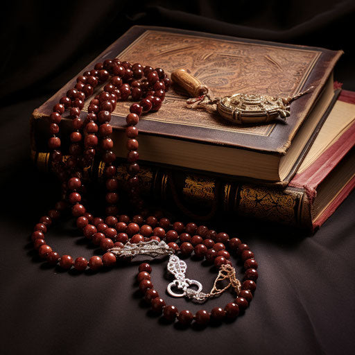 Islamic prayer book and beaded necklace with sunra