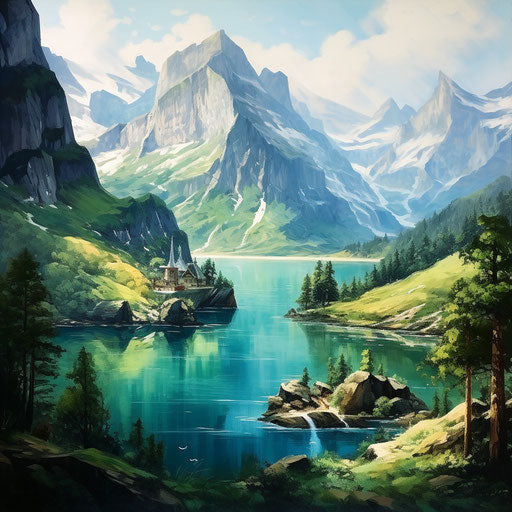 Mountainous lands with forests surrounding the lake
