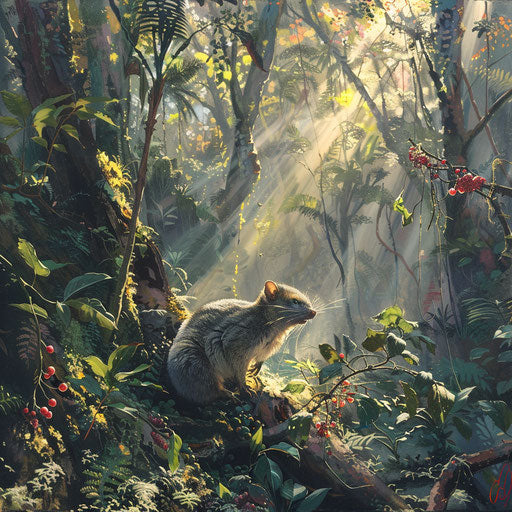 A white-tail possum foraging for berries in a sunlit clearing within a dense forest