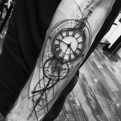 Clock tattoo with fine lines in Adrian Smith style