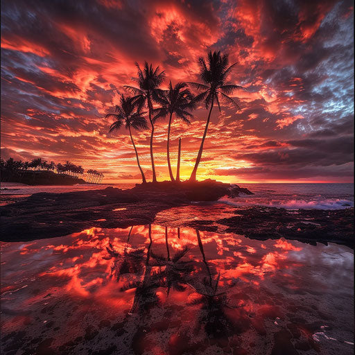 Glass Beach with palm trees silhouetted against a fiery sunset