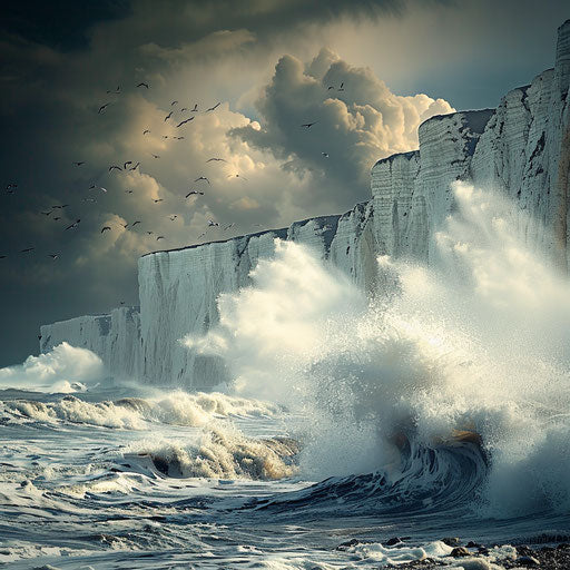 White Cliffs of Dover under stormy sky with crashing waves