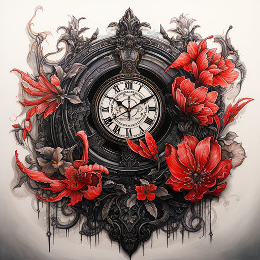 Clock with Neo-Traditional Japanese Flowers