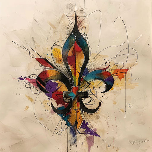 Avant-garde tattoo sketch of a fleur de lis with abstract forms and vivid, contrasting colors