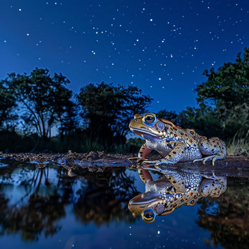 A Western leopard toad by a small reflective pond at blue hour, stars starting to appear