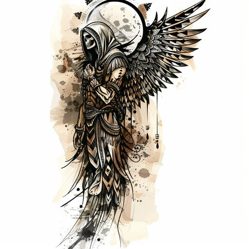 Tribal tattoo sketch of the angel of death with native patterns, in black and earthy tones