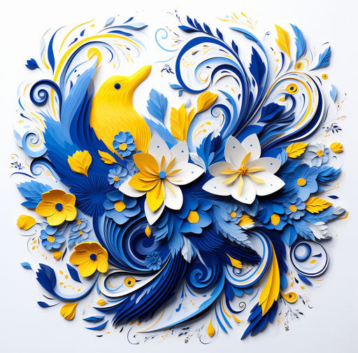 Elaborate floral pattern in blue, yellow, and white