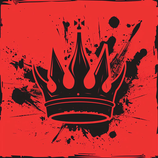 Crown logo in black and red with a bold background
