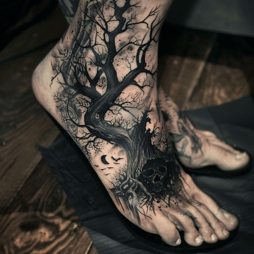 Foot tattoos in the style of David Palumbo with a dark, fantasy theme