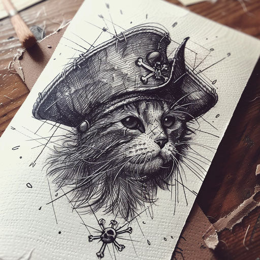 An adventurous tattoo sketch of a cat in a pirate hat