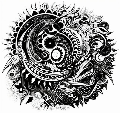 Black and white tribal design, detailed flora and fauna style, magewave