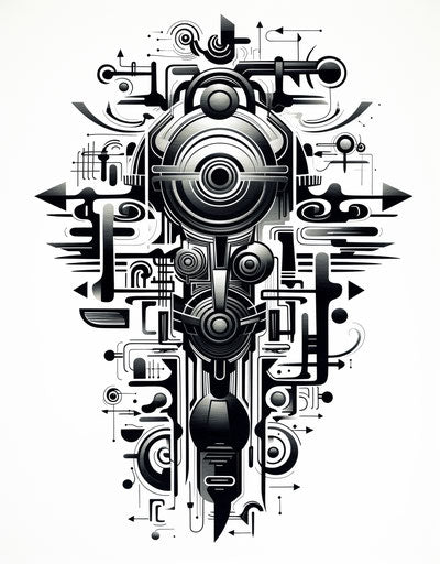 Ornamental black and white tattoo in afrofuturism style