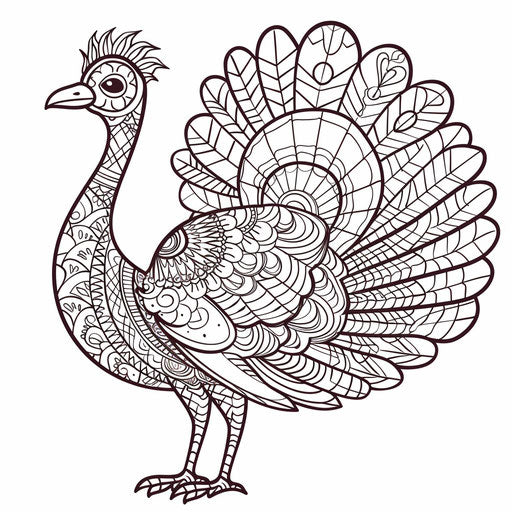Stylized turkey with geometric shapes, coloring book page