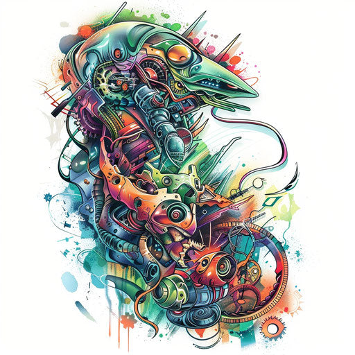 Biomechanical tattoo design combining organic and mechanical elements, vibrant colors, on a white background.