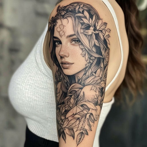 Half sleeve tattoos for women, a forest nymph with flowing hair and leaves, in the style of Peter Jackson