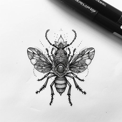 Elegant flat tattoo sketch of an ant with detailed mandala-style segments